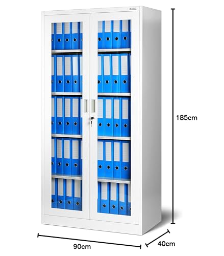 Jan Nowak Aktenschrank C012 Glasvitrine Büroschrank Universalschrank Flügeltürschrank Stahlblech Pulverbeschichtung abschließbar 185 cm x 90 cm x 40 cm (Weiß)