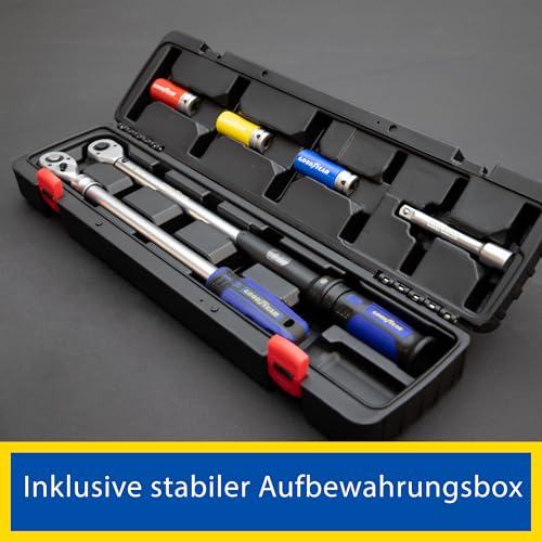 Goodyear Radwechselset, 6-teilig, Drehmomentschlüssel + Umschaltknarre + 3-tlg. Steckschlüsselsatz + Verlängerung, Box, Schwarz