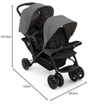 Graco Stadium Duo Geschwisterwagen, Zwillingswagen, 0-15 kg, auch mit Babyschale nutzbar, verstellbare Rückenlehnen, zusammenklappbar, freistehend, großer Staukorb, inkl. Snacktabletts, Titanium
