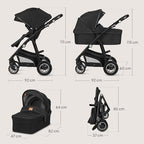 LIONELO BIANKA Kinderwagen 3 in 1 bis 22 kg Babywanne Autositz, Zusammenlegbar, Reise-System, Einstellung der Rückenlehne, Räder 360 Stoßdämpfer, Verdeck XXL