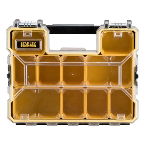 STANLEY FATMAX Profi Werkzeug-Organizer (45 x 12 x 36 cm, tiefe Fächer, mit transparentem, schlagfestem Deckel, integriertem Griff & Metallschließen, 10 herausnehmbare Boxen) 1-97-518
