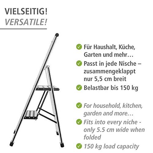WENKO Leichte Aluminium Trittleiter mit 2 Stufen für 50 cm höheren Stand, rutschsichere XXL-Stufen, Design Klapptrittleiter, TÜV Süd Zertifiziert, 44 x 101 x 5,5 cm, Silber matt