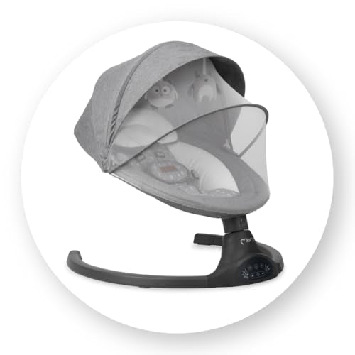 MoMi KENANI Babywippe für Kinder bis 9 kg, klappbar, mit Fernbedienung & Bluetooth zum Verbinden mit Smartphone, Batterie- oder Stromanschluss, mit 5-Punkt-Sicherheitsgurt, Sonnenschutz, Insektennetz