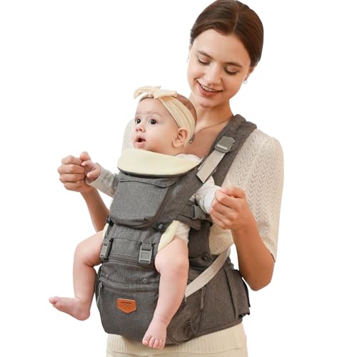 SUNVENO Babytrage Ergonomisch，Baby Carrier mit Abnehmbarer Kapuze, Hüftsitz baby mit Speicheltuch, 3in1 Babybauchtragen für Baby 3-36 Monate, Babyrückentragen 0-20Kg (Grau)