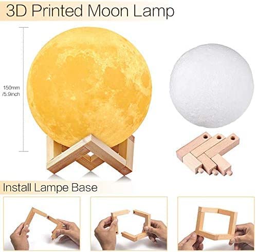AGM 3D Mondlampe 15CM 2 Farben, USB wiederaufladbare Berührungslampe Empfindliches Nachtlicht mit Holzständer für Schlafzimmer