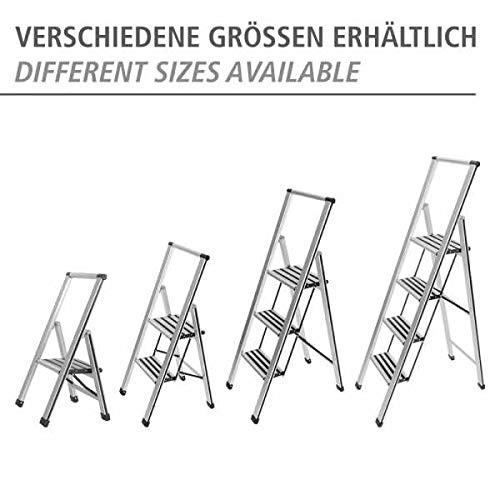 WENKO Leichte Aluminium Trittleiter mit 2 Stufen für 50 cm höheren Stand, rutschsichere XXL-Stufen, Design Klapptrittleiter, TÜV Süd Zertifiziert, 44 x 101 x 5,5 cm, Silber matt