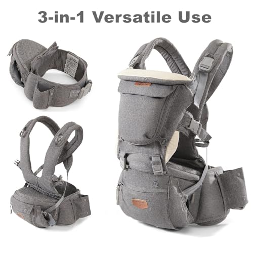 SUNVENO Babytrage Ergonomisch，Baby Carrier mit Abnehmbarer Kapuze, Hüftsitz baby mit Speicheltuch, 3in1 Babybauchtragen für Baby 3-36 Monate, Babyrückentragen 0-20Kg (Grau)