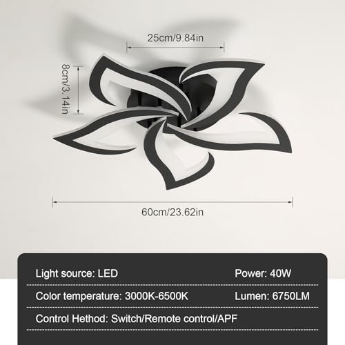 Comely Deckenlampe Led, Deckenleuchte Dimmbar, 40W 4200LM 3000k-6500k Mit Fernbedienung/APP, Moderne Deckenlampe für Wohnzimmer, Schlafzimmer, Kinderzimmer,Schwarz