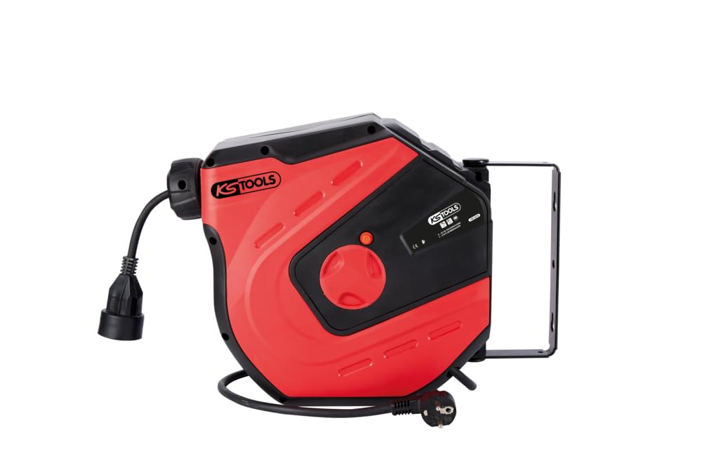 KS TOOLS - 150.4218 – Kabeltrommel für die Wand, 3 x 2,5 mm² – 15 m – automatische Blockierung und Rückführung – Halterung schwenkbar 180° – Schutz IP34 – Design Rot und Schwarz – Garage, Werkstatt,