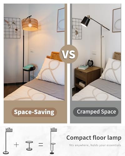 LuminexDesigns Stehlampe Wohnzimmer Vintage Rattan - Stehleuchte Schwarz Retro E27 mit Ablage Höhenverstellbar 176CM Boho Standleuchte mit 2M Kabel Fußschalter Beige Standlampe für Schlafzimmer