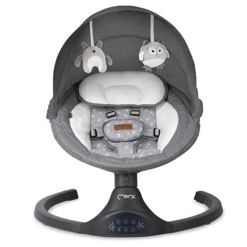 MoMi KENANI Babywippe für Kinder bis 9 kg, klappbar, mit Fernbedienung & Bluetooth zum Verbinden mit Smartphone, Batterie- oder Stromanschluss, mit 5-Punkt-Sicherheitsgurt, Sonnenschutz, Insektennetz