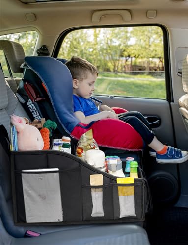 YOHOOLYO Auto Organizer Kinder Rücksitz mit 4 Fächern und 4 Getränkehalter zusammenklappbar Rückbank Beifahrersitz für Spielzeug Bücher Snacks Schwarz