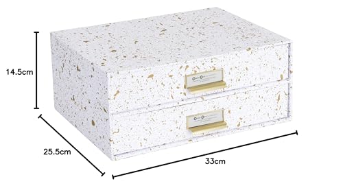 BIGSO BIRGER Schubladenbox – Aufbewahrungsbox mit 2 Schubladen – Schreibtisch Ablage für Dokumente & Bürobedarf – Ablagesystem aus recycelter Faserplatte und Papier – gold gesprenkelt