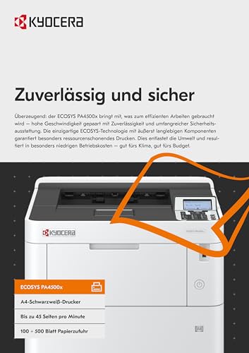 Kyocera Ecosys PA4500x Laserdrucker Schwarz Weiss, Duplex-Einheit, 45 Seiten pro Minute, Laserdrucker mit 100+500 Blatt Zufuhr, Gigabit LAN. Schwarz-Weiss-Drucker mit Mobile Print