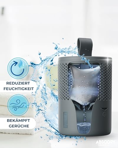 AbsoDry Luftentfeuchter ohne Strom bis 25m² - Inklusive Nachfüllpack - Aus recyceltem Kunststoff - Raumentfeuchter für Wohnzimmer, Badezimmer, Keller - Entfeuchter Wohnung - Dehumidifier - Grau
