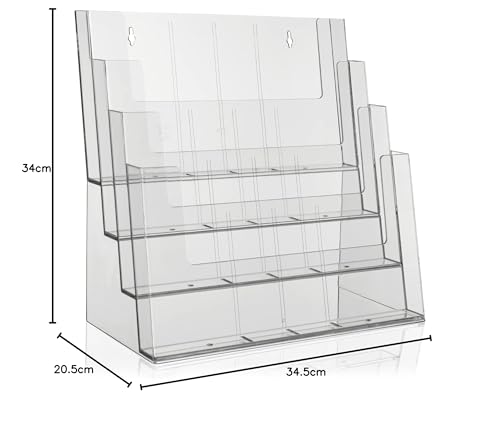 Taymar Prospektständer Tribüne für DIN A4, A5, DIN lang, DL, A6 Flyer, flexibler, transparenter Tischprospektständer als standfester Aufsteller, Flyerständer mit 4 Etagen, optional als Wand-Prospekthalter