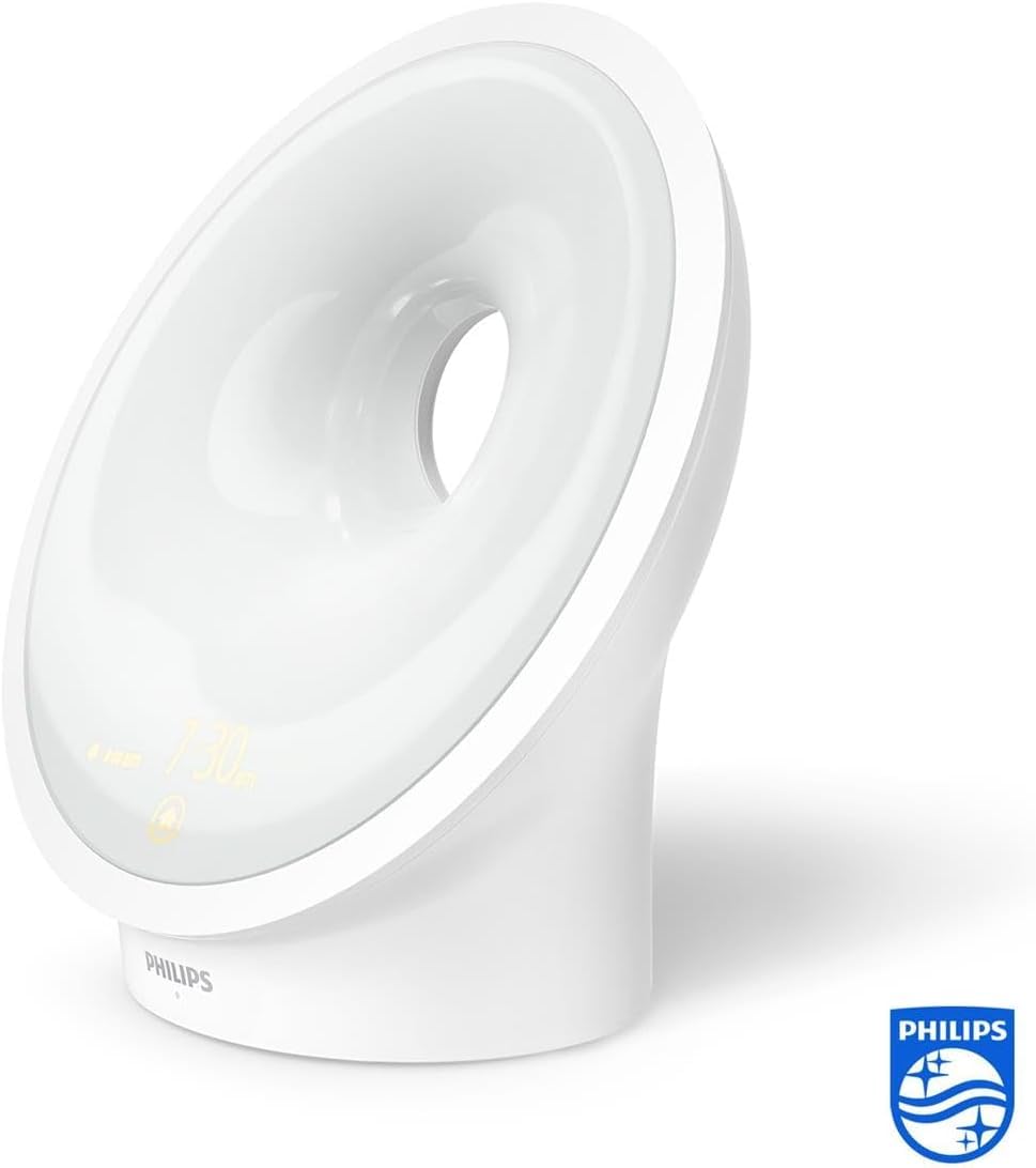 Philips Sleep & Wake-up Light, farbige Sonnenaufgangssimulation, 25 Lichtstärken, mehrere Töne und Musik, Mitternachtslicht, Entspannungs- und Atemfunktion (Modell HF3651/01)