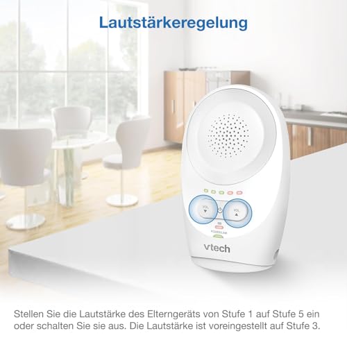 VTech BM1120 Baby-Audioüberwachungsgerät, klare Tonübertragung und Sicherheit, Lange Reichweite, 5-stufige LED-Lautstärkeanzeige, Gürtelclip, wiederaufladbare Batterien