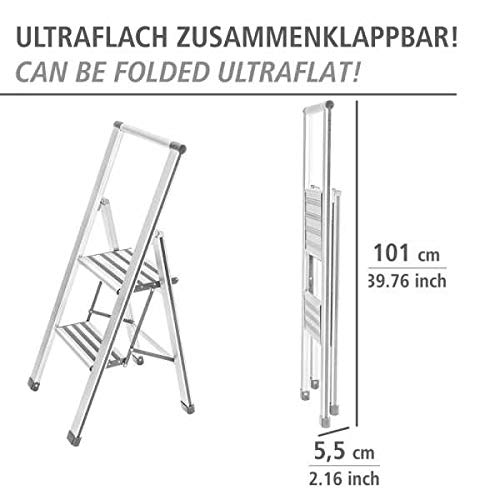 WENKO Leichte Aluminium Trittleiter mit 2 Stufen für 50 cm höheren Stand, rutschsichere XXL-Stufen, Design Klapptrittleiter, TÜV Süd Zertifiziert, 44 x 101 x 5,5 cm, Weiß