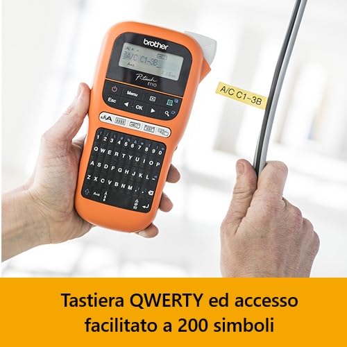Brother PT-E110 Industrielles Beschriftungsgerät (für 3,5 bis 12 mm breite TZe-Schriftbänder, Beschriftung von Kabeln und Anschlüssen), orange
