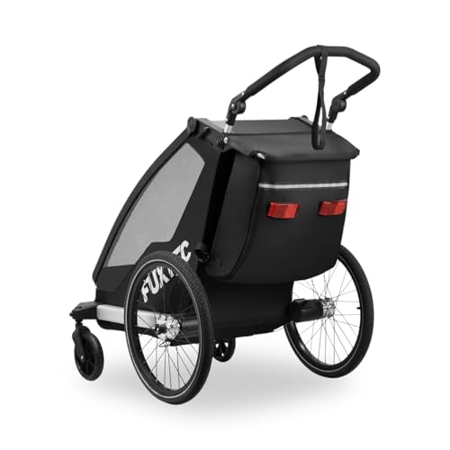 FUXTEC Kinderfahrradanhänger FX-FA1S, EIN-Sitzer faltbar mit Schiebegriff und Regenschutz, integrierter Anschnallgurt und Handgelenksband, max. Zuladung 35kg, inkl. Kupplung und Sicherheitsfahne