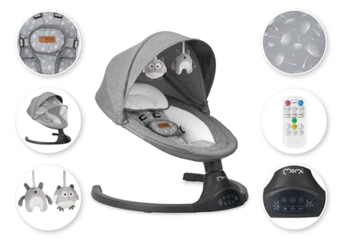 MoMi KENANI Babywippe für Kinder bis 9 kg, klappbar, mit Fernbedienung & Bluetooth zum Verbinden mit Smartphone, Batterie- oder Stromanschluss, mit 5-Punkt-Sicherheitsgurt, Sonnenschutz, Insektennetz