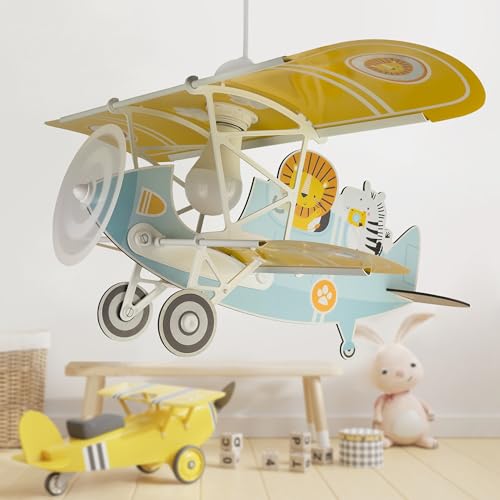 Dalber Kronleuchter für Kinderzimmer, Hängeleuchte, Flugzeug, Löwe, Blau, Tiere, 54602, E27, 15 W LED
