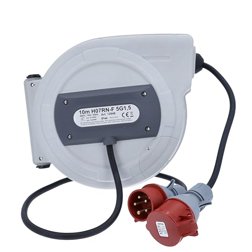 as - Schwabe Automatischer Kabelaufroller 10 m H07RN-F 5G1,5, CEE Stecker, 180° schwenkbar, 1 m Zuleitung mit CEE Kupplung, 400V/16A/5-polig, max. 7kW, IP44, 12648
