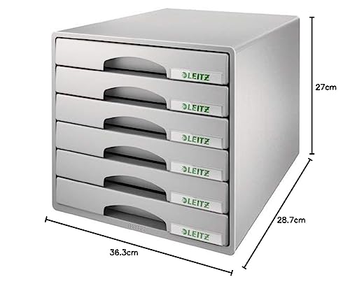 Leitz Schubladenbox mit 6 Schubladen, Für die Aufbewahrung von A4 Dokumenten und Utensilien, Grau, Plus Serie, 52120085