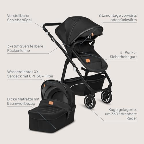 LIONELO BIANKA Kinderwagen 3 in 1 bis 22 kg Babywanne Autositz, Zusammenlegbar, Reise-System, Einstellung der Rückenlehne, Räder 360 Stoßdämpfer, Verdeck XXL