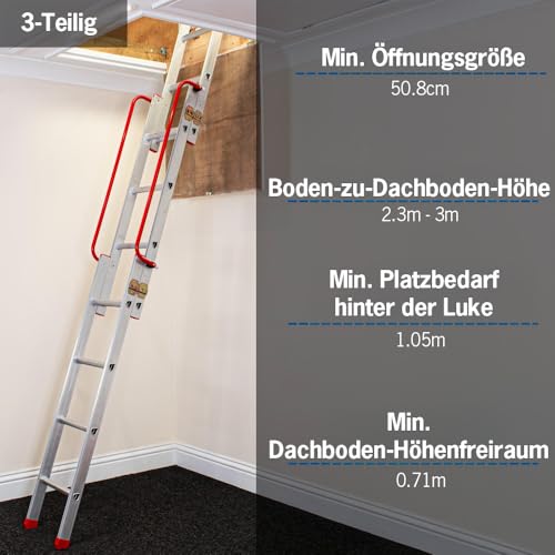 BPS Aluminium-Bodentreppe 3-teilig | Dachbodentreppe mit Handlauf, D-Sprossen, Aufbewahrungspfahl, Verriegelungsbeschläge | 150 kg Tragkraft