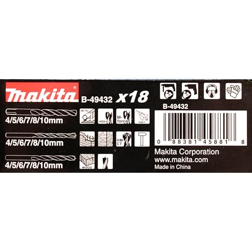 Makita B-49432 Bohrer-Set 18-teilig in Aufbewahrungsbox, M-Force Metallbohrer, Steinbohrer, Holzbohrer, jeweils in den Größen Ø 4, 5, 6, 7, 8, 10 mm