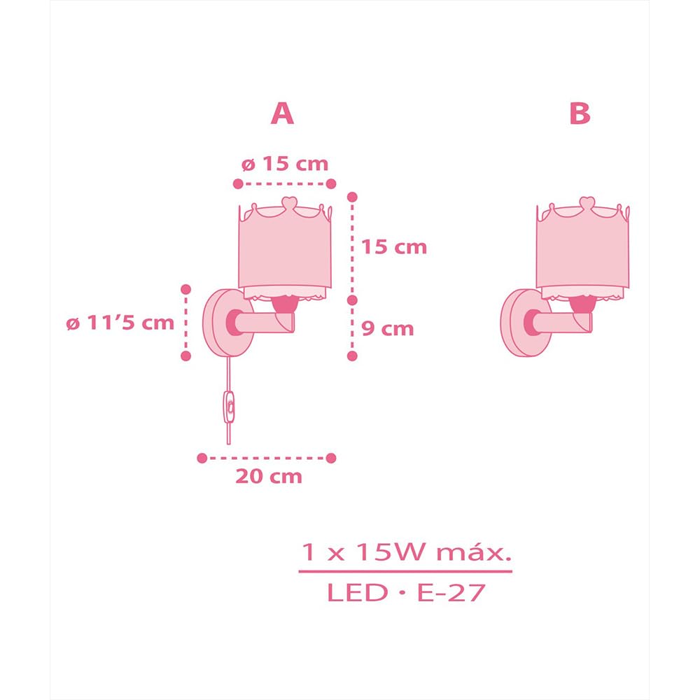 Dalber kinder Wandlampe kinderzimmer, Kinderlampe Wandleuchte Little Queen Krone rosa, 61109, E27