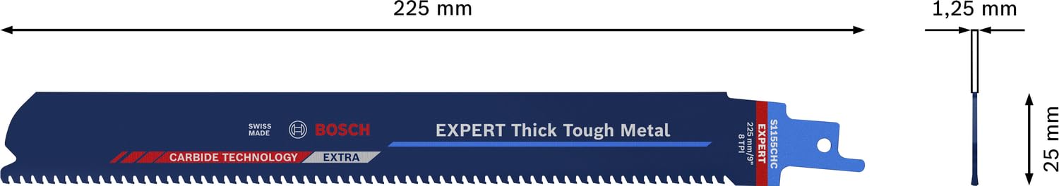 Bosch Professional 3x Expert ‘Thick Tough Metal’ S 1155 CHC Säbelsägeblatt (für Zäher Stahl, Gusseisen, Länge 225 mm, Zubehör Säbelsäge)