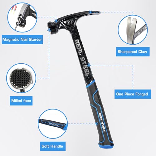 REAL STEEL Klauenhammer mit Magnetischen Nagel Starter und Ergonomische Griff 595g Rahmenhammer Zimmermannshammer, 0517