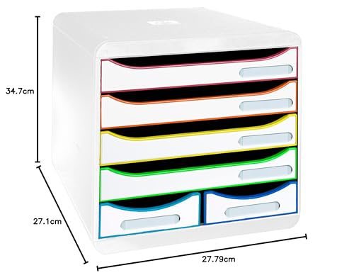 Exacompta 312913D Ablagebox Harlekin aus Recycling-Kunststoff mit 4 Schubladen für DIN A+ und 2 Schubladen für Utensilien. Belastbare Schubladenbox für mehr Platz. Blauer Engel Big Box Maxi weiß|bunt
