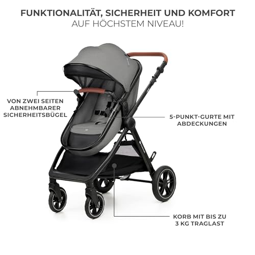 Kinderkraft ESME Kinderwagen 3 in 1 komplettset bis 26 kg, Kombikinderwagen reisesysteme mit Babyschale I-size 40-75 cm, Zusammenklappen, Liegeposition, Grau