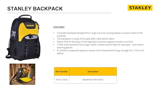 STANLEY Arbeitsrucksack Werkzeugrucksack (35 x 44 x 16 cm, robustes 600 x 600 Denier Nylon, Innenteiler, ergonomischer Rücken, Rucksack für Zubehör, Extrafach für Elektrowerkzeug) STST1-72335