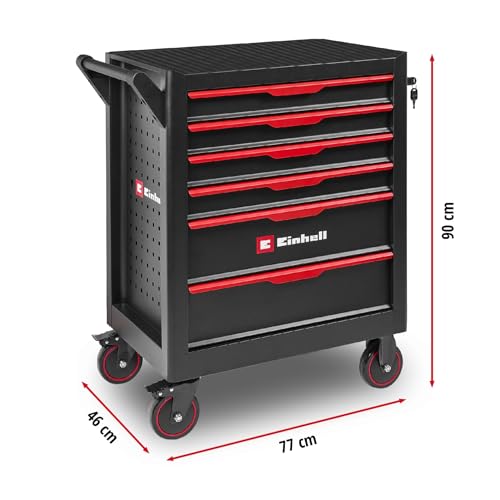 Original Einhell Werkstattwagen leer (6 Schubladen, Interlock-System, kugelgelagerte Führungsschienen, belastbar bis 135 kg, mobil mit Feststellrollen)