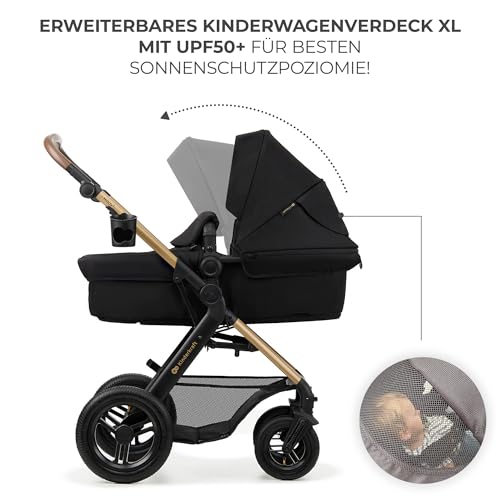 Kinderkraft MOOV2 AIR Kinderwagen 3 in 1 Kinderwagenset bis 22 kg mit Kindersitz I-SIZE 40-75 cm, Buggy Funktion, Liegeposition verstellbar, Große ausziehbare Verdeck, Aufblasbare Räder, Schwarz