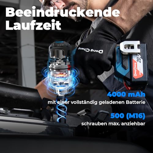 Dong Cheng Akku Schlagschrauber 18V, Bürstenloser Drehschlagschrauber1/2”, 488N.m, 3-Gang-Getriebe, mit 4 Schlagstecknüssen, inkl. 4000mAh Akku und 2A Ladegerät im Heavy-Duty-Tragekoffer