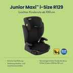 Graco Junior Maxi™ i-Size R129 Kindersitz, ca. 3,5 bis 12 Jahre (100 bis 150 cm), Kindersitzerhöhung, Armlehnen und Kopfstütze höhenverstellbar, leicht, mit Getränkehalter, schwarz, Midnight