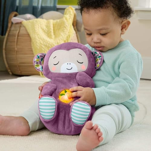 Fisher-Price Baby-Spielzeug Lila Schlummer-Affe, tragbare Plüsch-Spieluhr mit Atembewegungen und Lichtern für Neugeborene ab einem Alter von 0 Monaten, JLH41