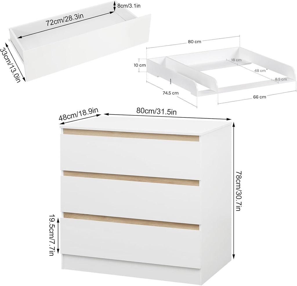 WOLTU Wickelkommode mit Wickelaufsatz, Wickeltisch, Kommode mit 3 Schubladen, Wickelaufsatz abnehmbar, mit Kippschutz, 86 cm für Lendenwirbelschutz, Weiß+Eiche