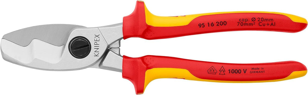 KNIPEX Kabelschere mit Doppelschneide auf SB-Karte verchromt isoliert mit Mehrkomponenten-Hüllen, VDE-geprüft 200 mm, 95 16 200 SB