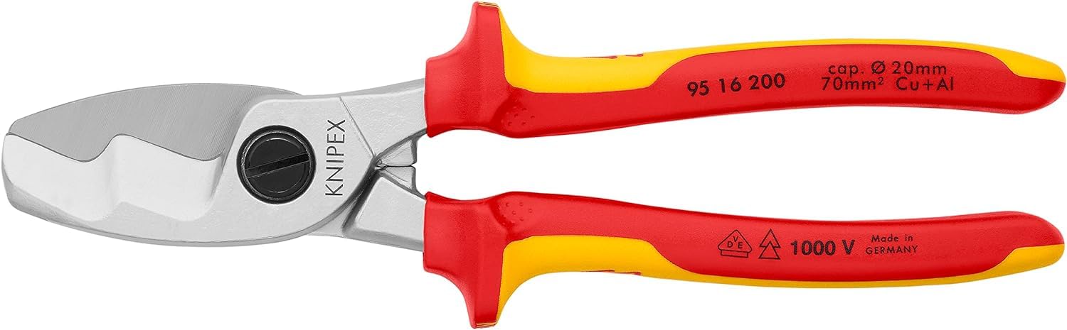 KNIPEX Kabelschere mit Doppelschneide auf SB-Karte verchromt isoliert mit Mehrkomponenten-Hüllen, VDE-geprüft 200 mm, 95 16 200 SB