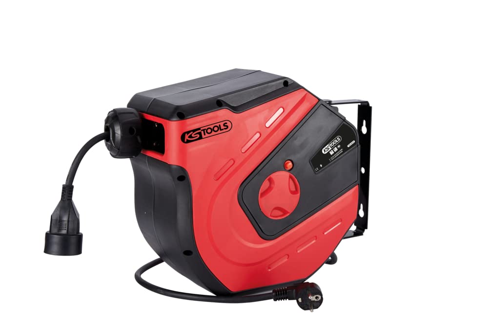 KS TOOLS - 150.4218 – Kabeltrommel für die Wand, 3 x 2,5 mm² – 15 m – automatische Blockierung und Rückführung – Halterung schwenkbar 180° – Schutz IP34 – Design Rot und Schwarz – Garage, Werkstatt,