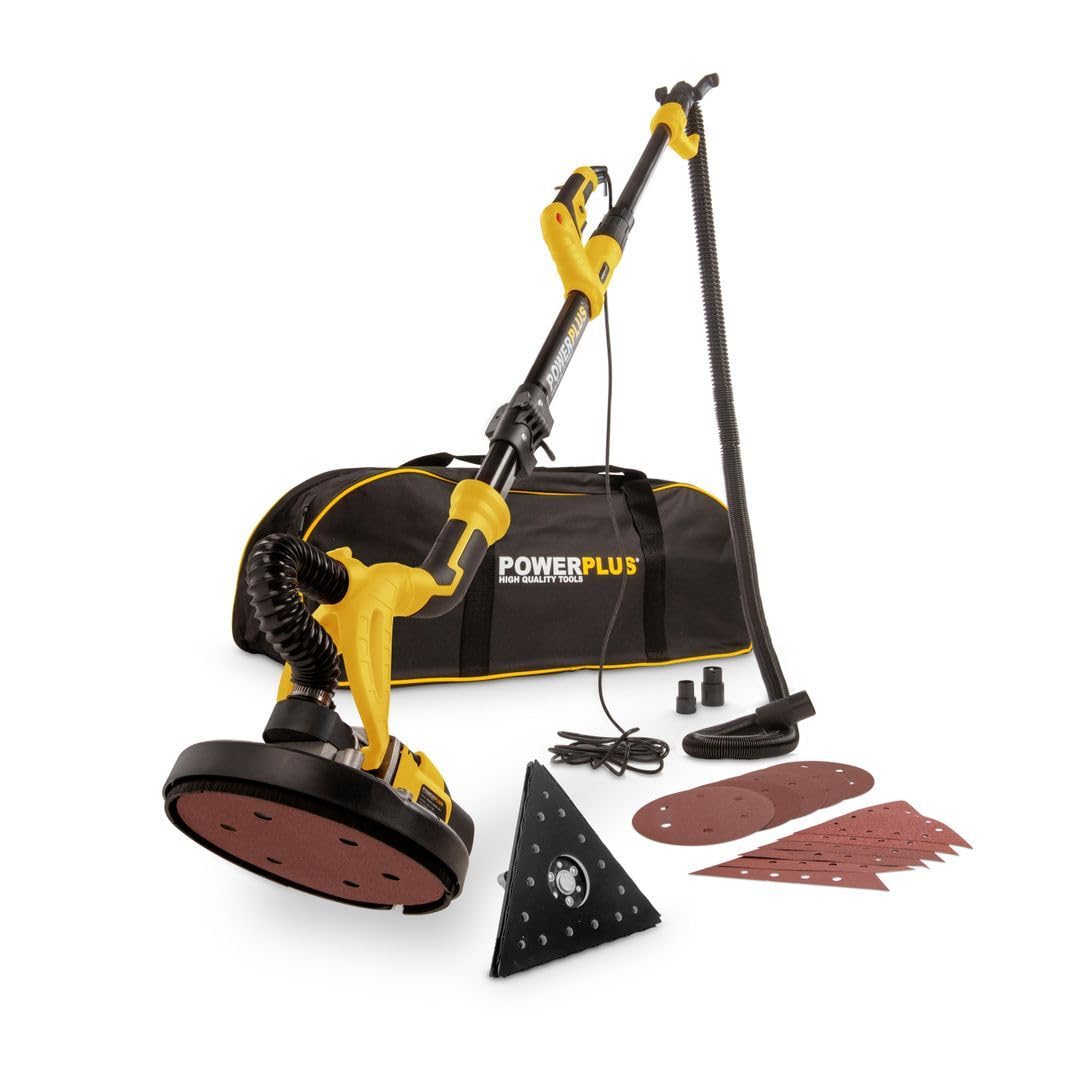 Powerplus Elektro-Trockenbauschleifer POWX0477-710W Elektrowerkzeug Schleifmaschine für Trockenbau - Wand und Deckenschleifer Schleifpapier Ø225mm - 1500min-1 - Teleskop - mit 12 Acc.