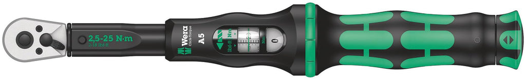 Wera 05075604001 Click-Torque A 5 Drehmomentschlüssel mit Umschaltknarre, 1 W, 1 V, 1/4" Vierkant, 2.5 - 25 Nm
