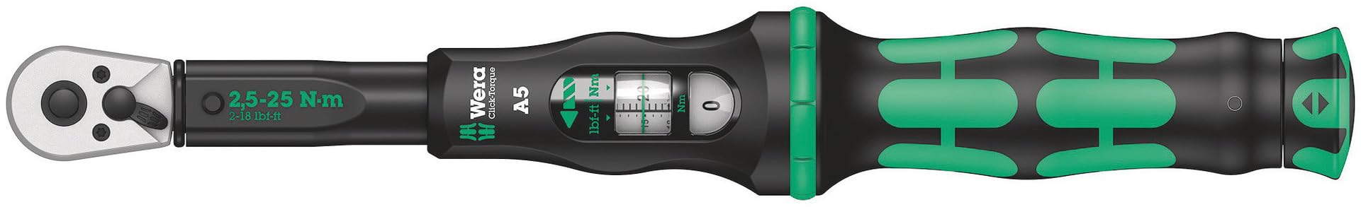 Wera 05075604001 Click-Torque A 5 Drehmomentschlüssel mit Umschaltknarre, 1 W, 1 V, 1/4" Vierkant, 2.5 - 25 Nm